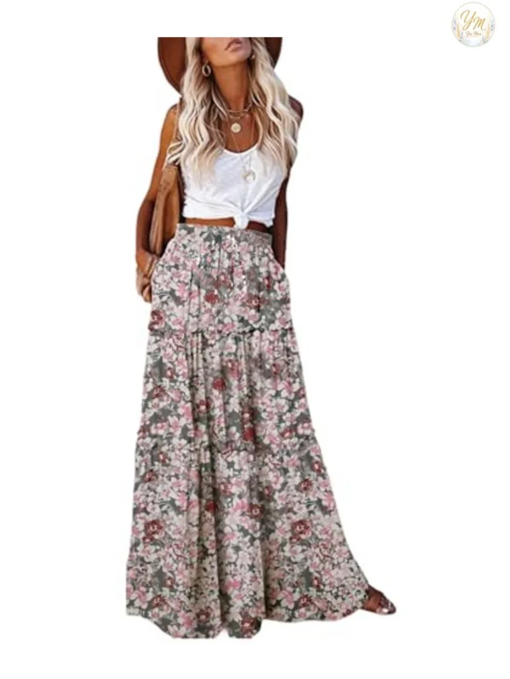 Boho High Waist Maxi Skirt with Pockets Flowy Tiered A-Line
